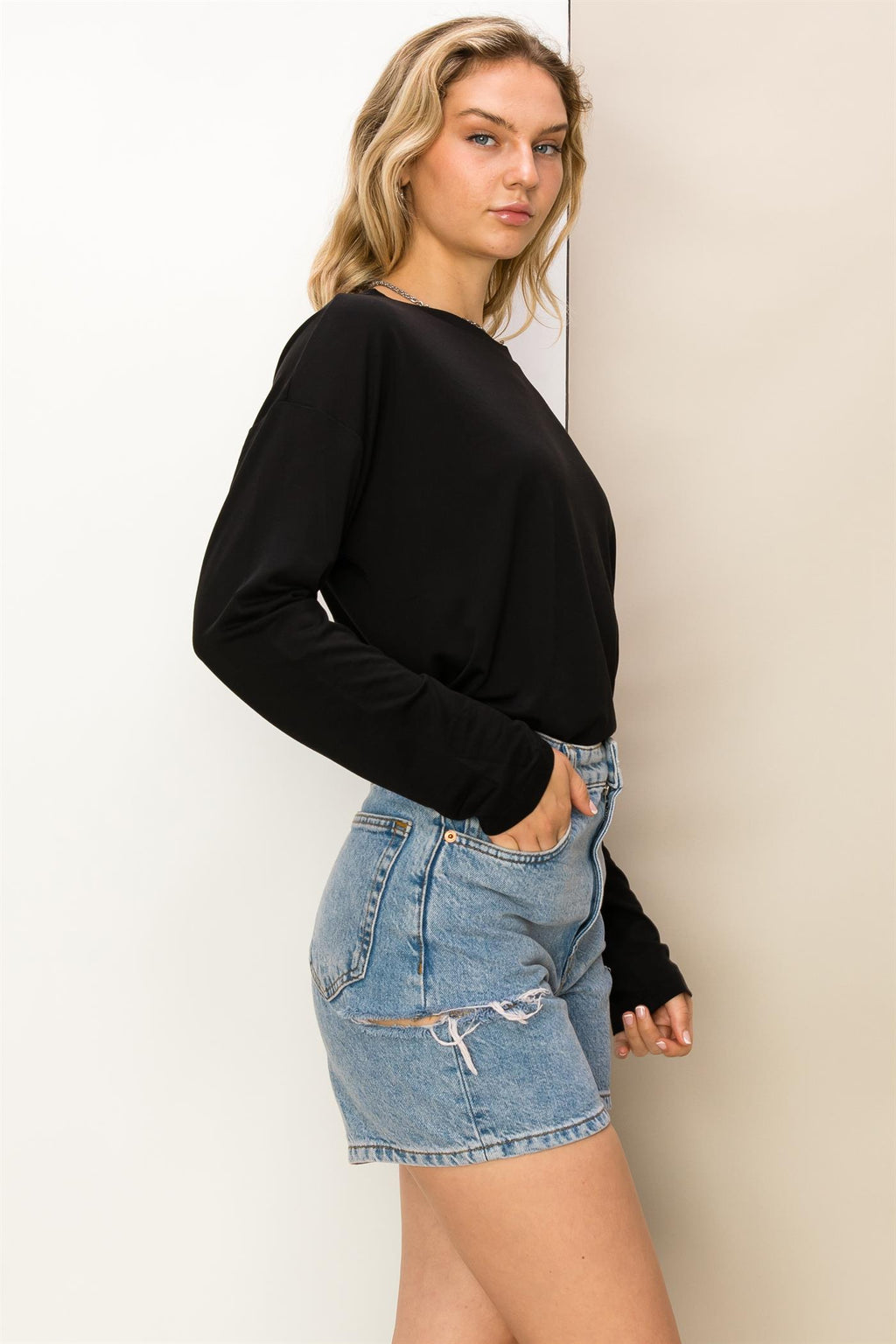 Solid Long Sleeve Drop Shoulder Crew Neck Top - Closet Space
