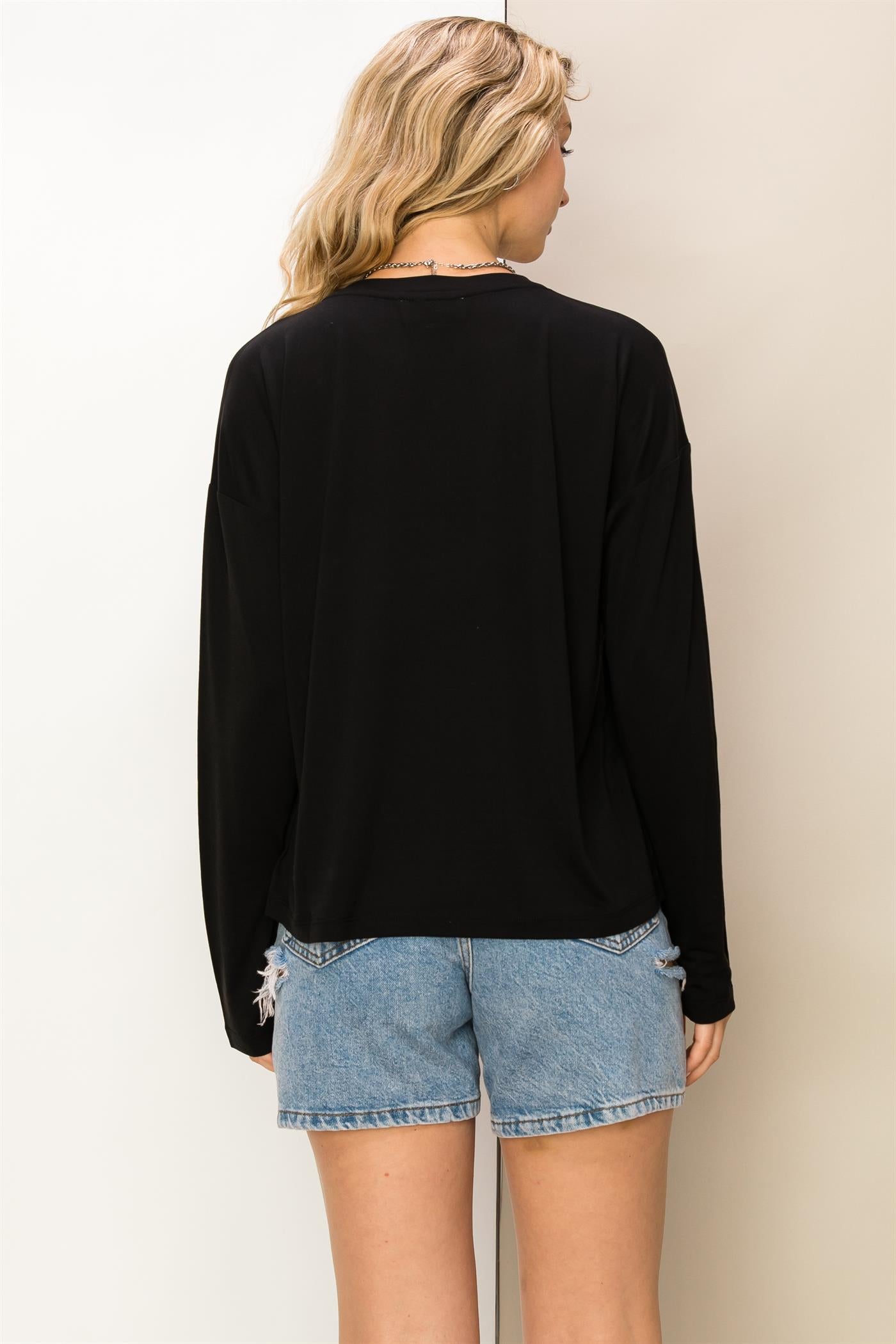Solid Long Sleeve Drop Shoulder Crew Neck Top - Closet Space