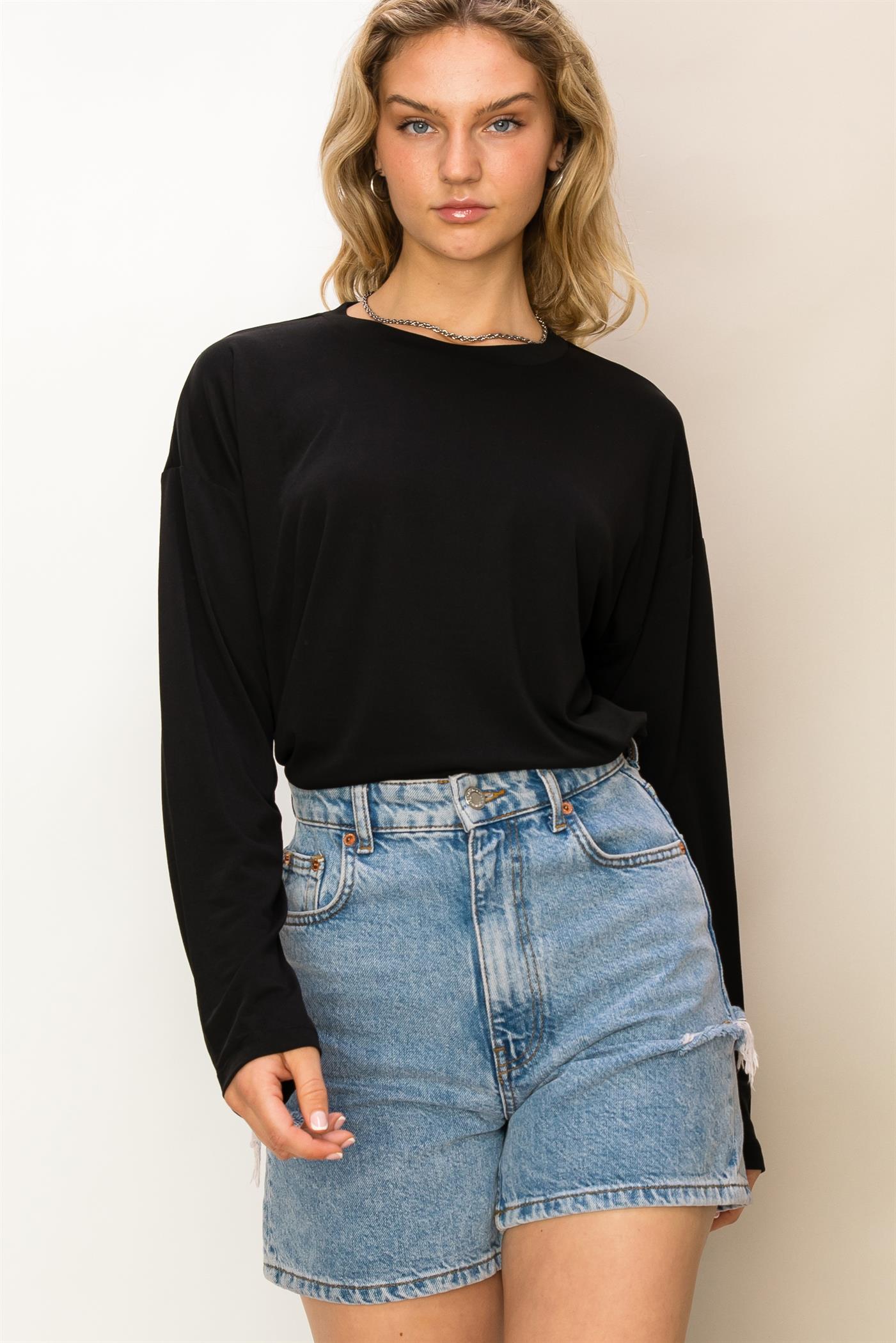 Solid Long Sleeve Drop Shoulder Crew Neck Top - Closet Space