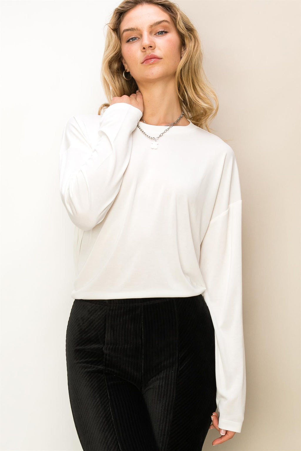 Solid Long Sleeve Drop Shoulder Crew Neck Top - Closet Space