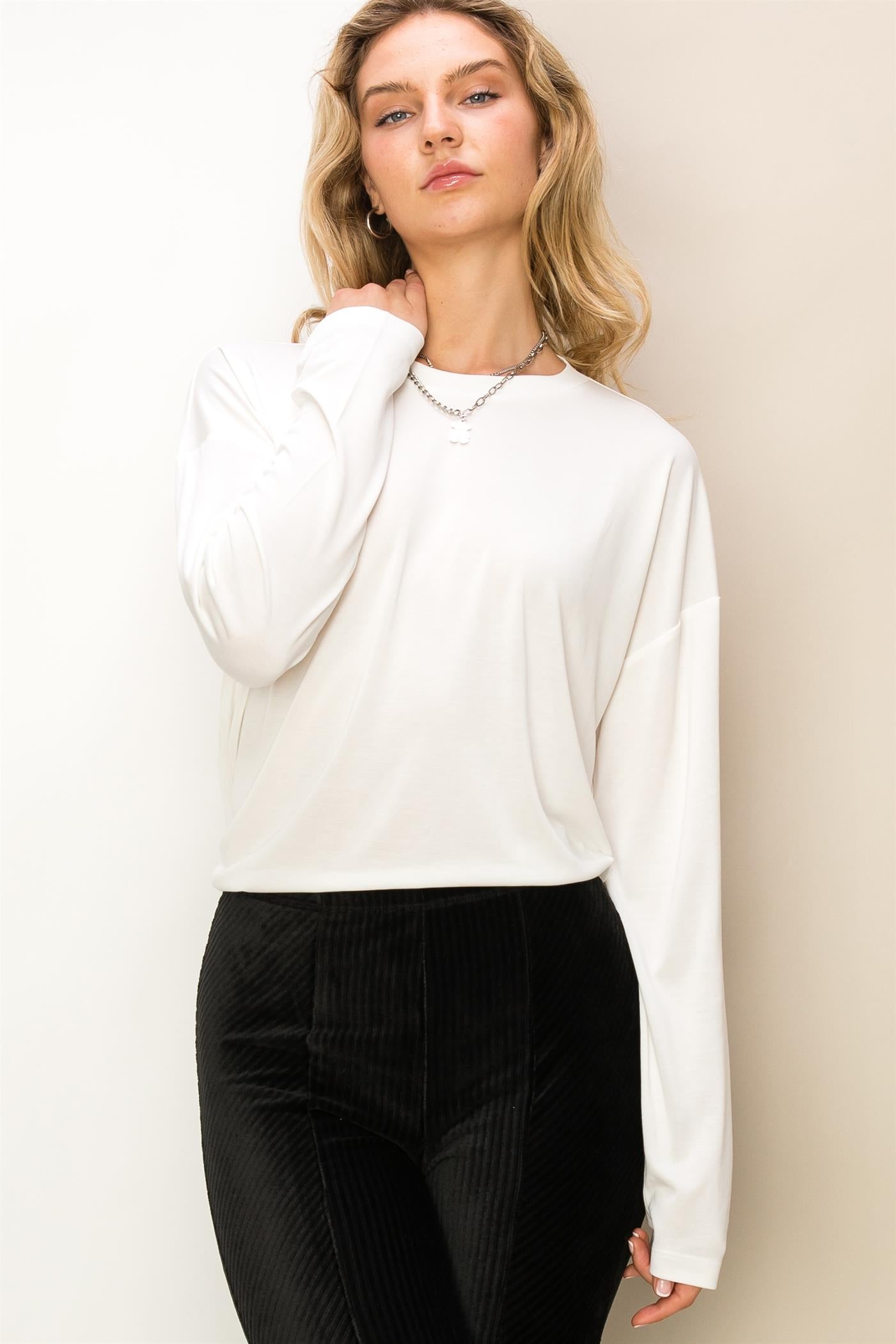 Solid Long Sleeve Drop Shoulder Crew Neck Top - Closet Space