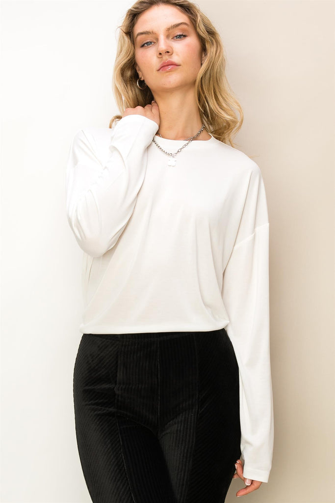 Solid Long Sleeve Drop Shoulder Crew Neck Top - Closet Space