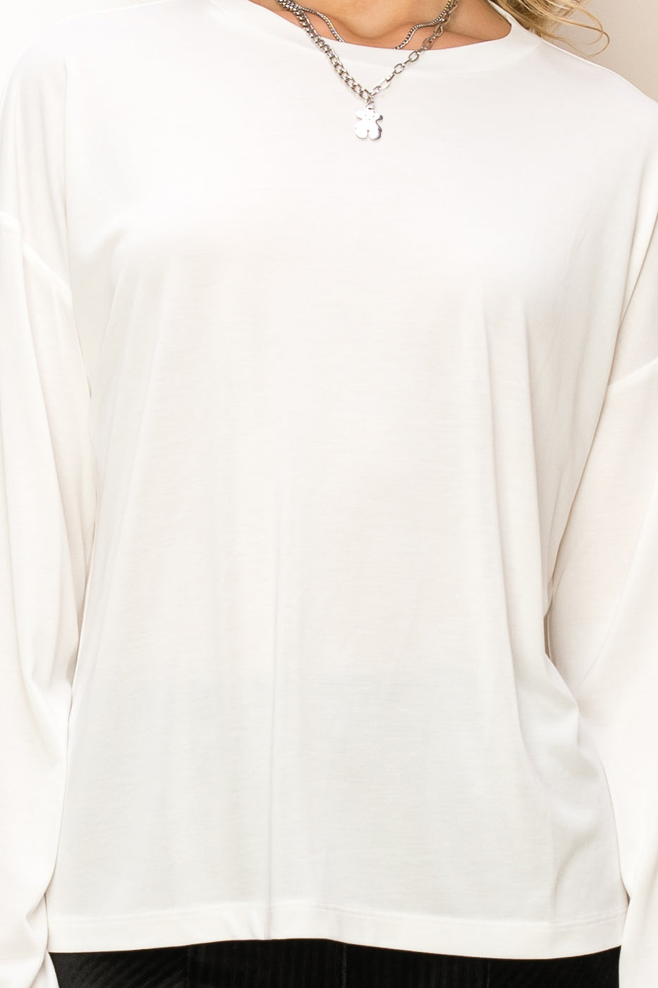 Solid Long Sleeve Drop Shoulder Crew Neck Top - Closet Space