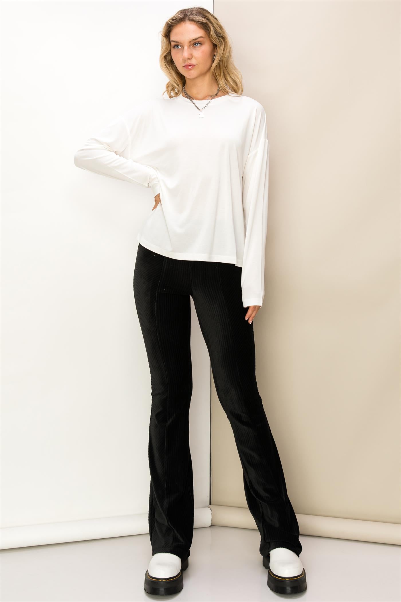 Solid Long Sleeve Drop Shoulder Crew Neck Top - Closet Space