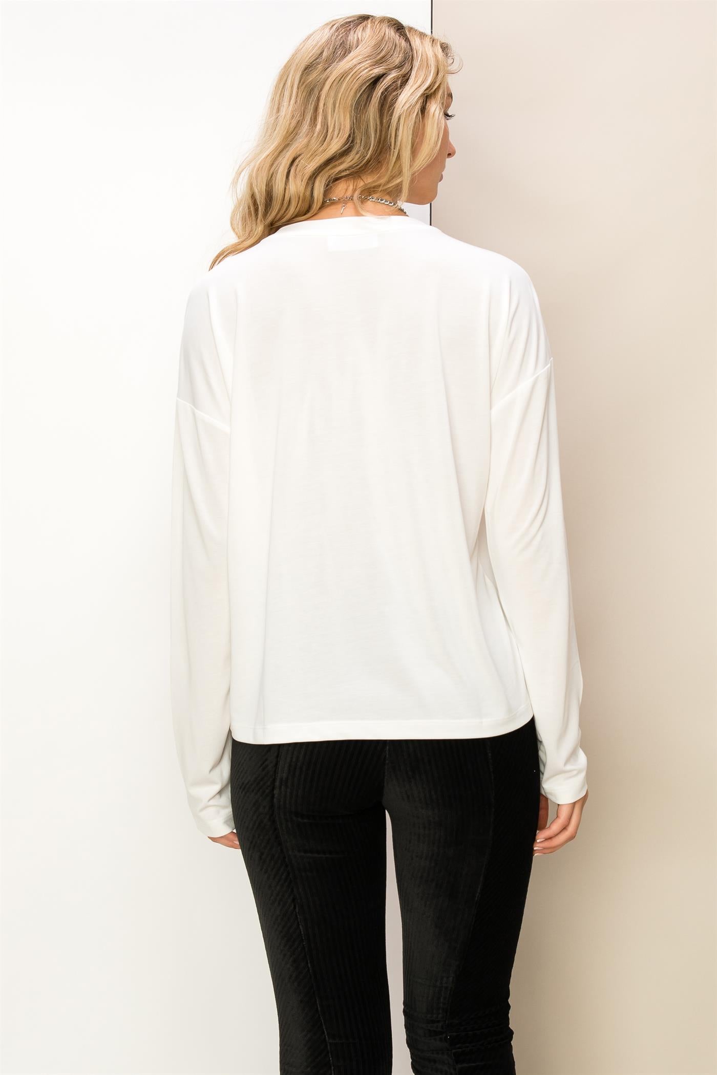 Solid Long Sleeve Drop Shoulder Crew Neck Top - Closet Space