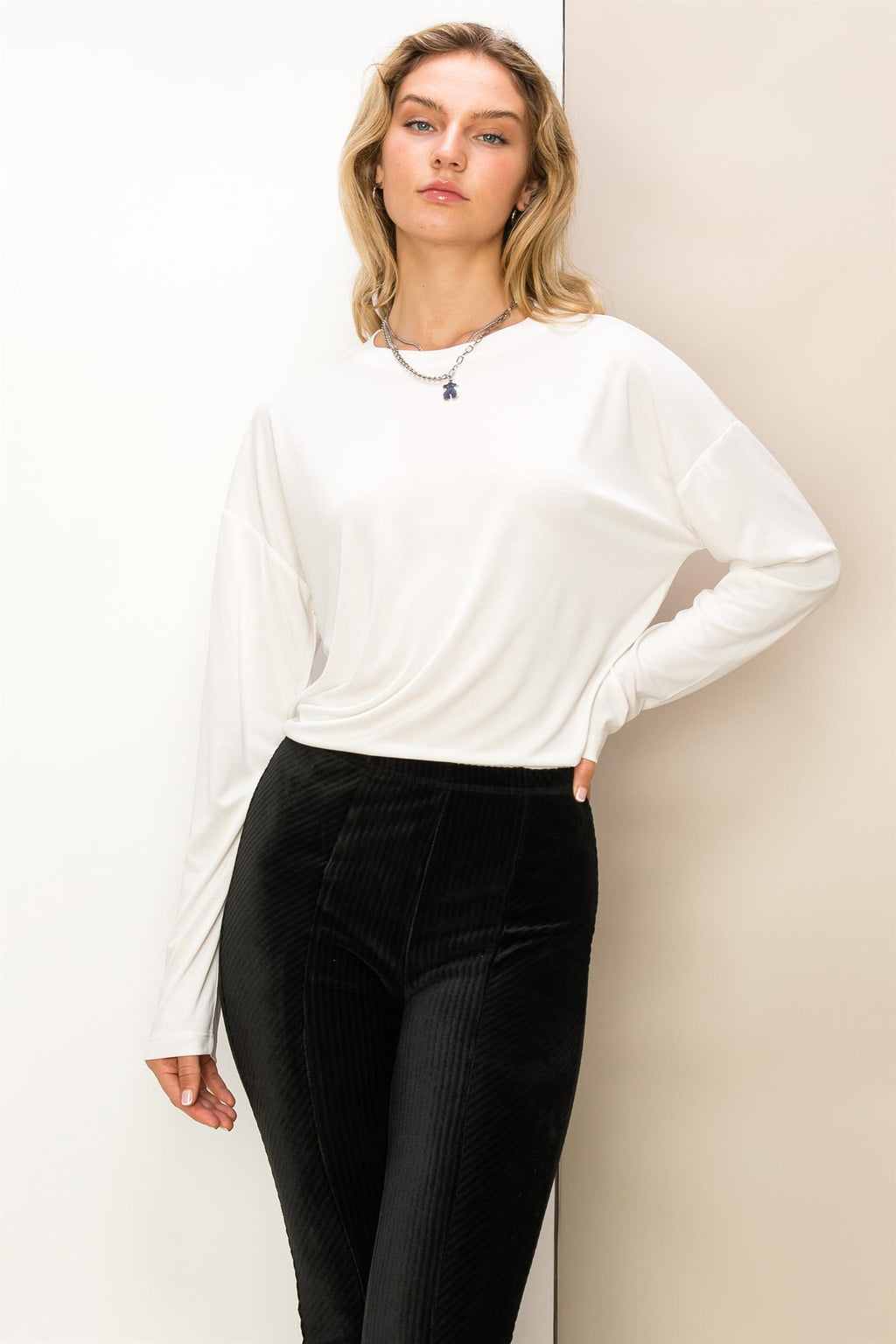 Solid Long Sleeve Drop Shoulder Crew Neck Top - Closet Space