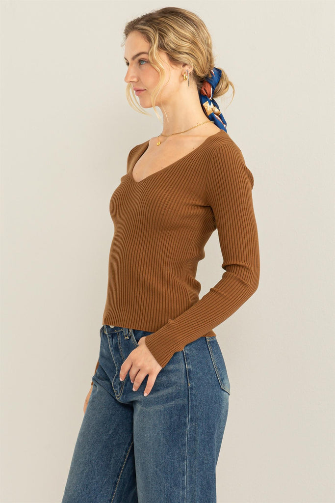 Ribbed Fitted V-Neck Sweater - Closet Space