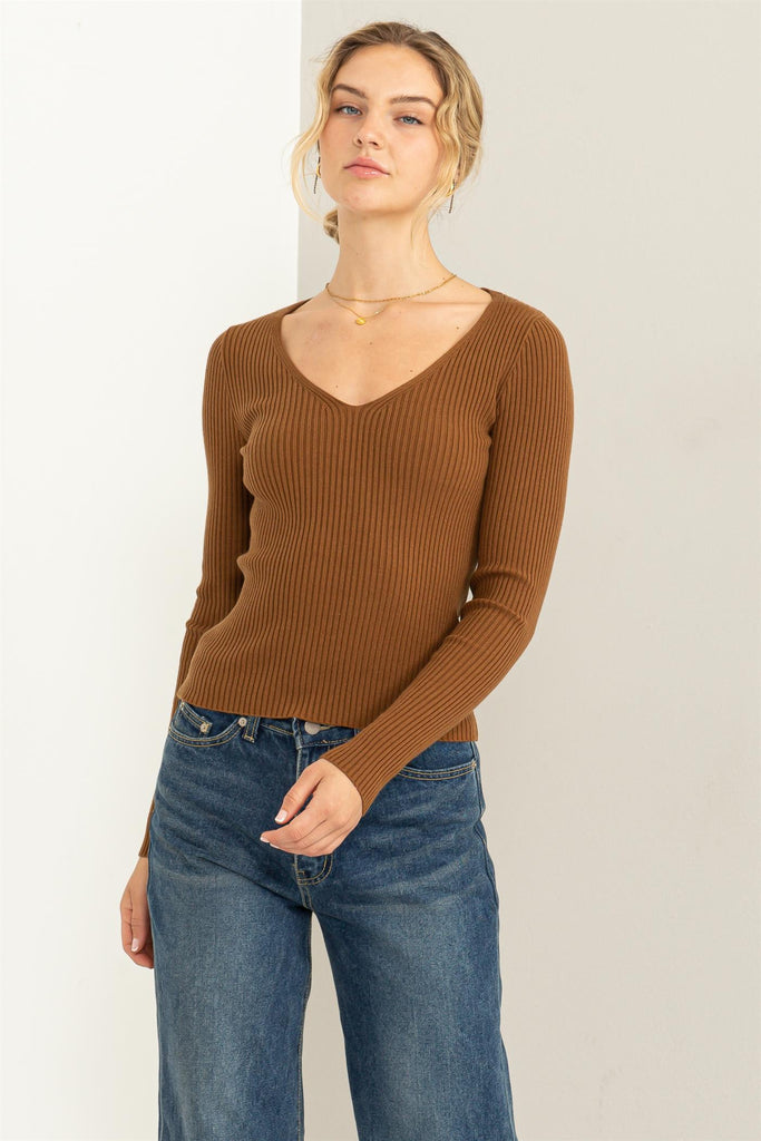 Ribbed Fitted V-Neck Sweater - Closet Space