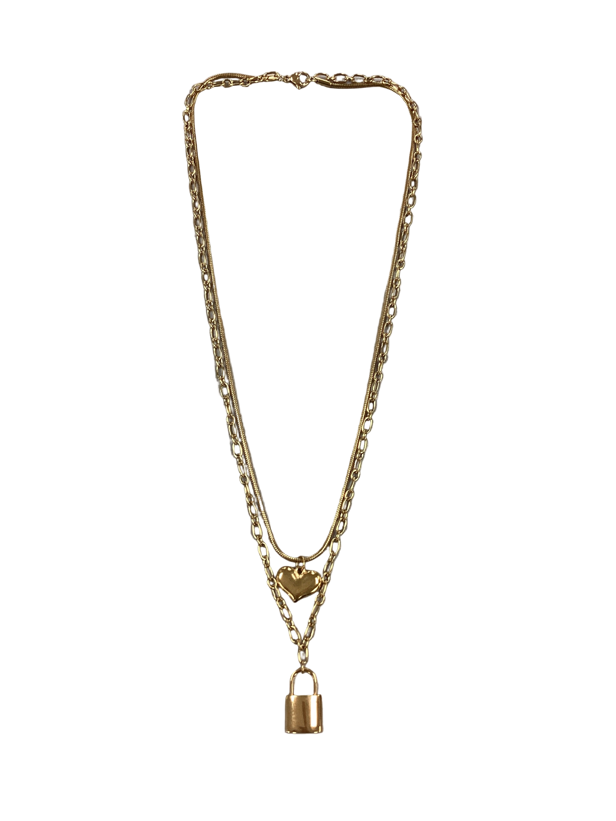 Layered Necklace With Heart And Lock Pendant