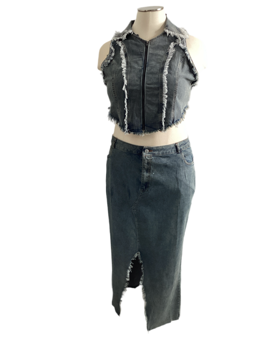 Curvy - Denim Vest & Long Skirt Set