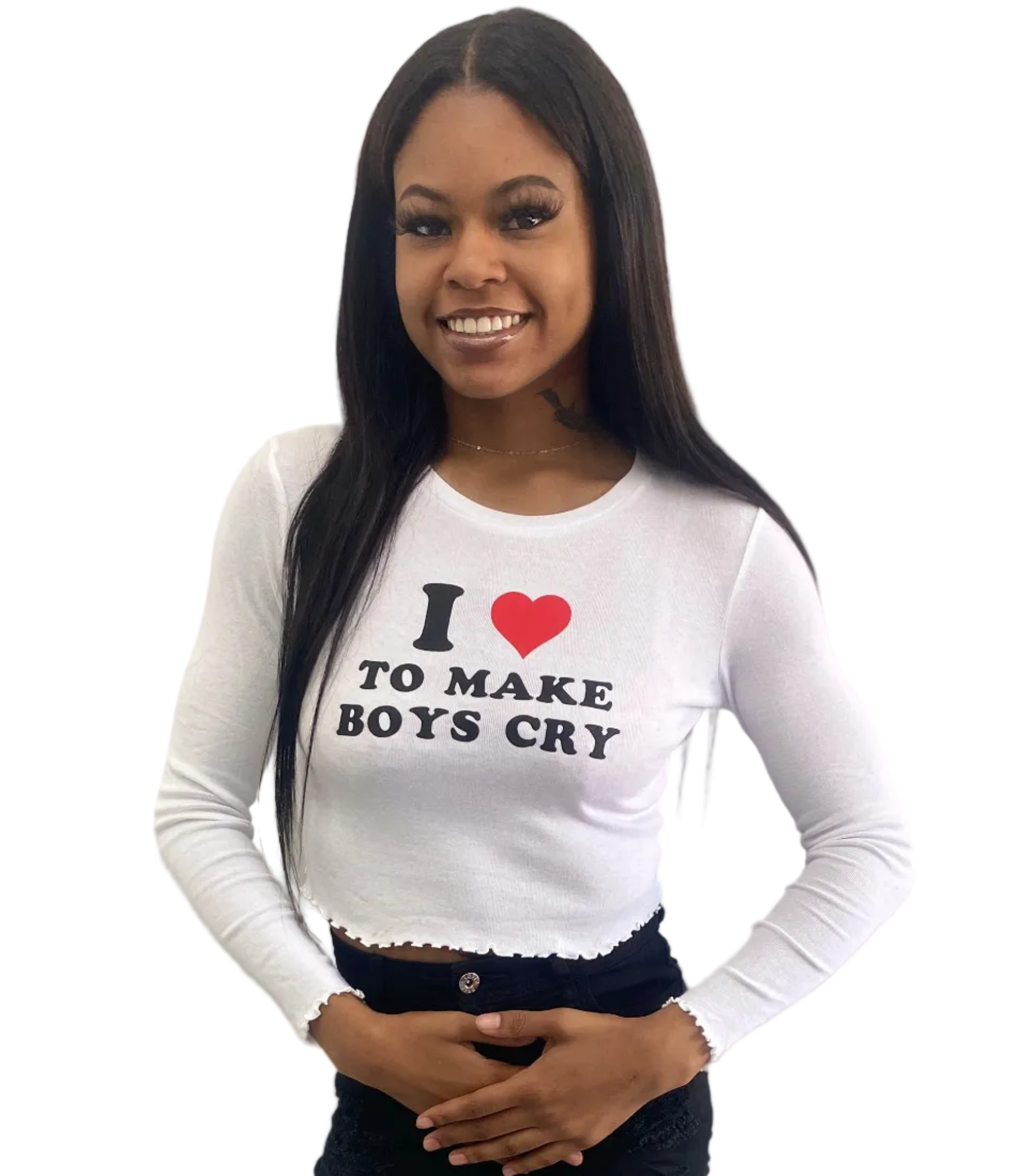 I Love To Make Boys Cry Long Sleeve Crop Top - Graphic Statement Tee