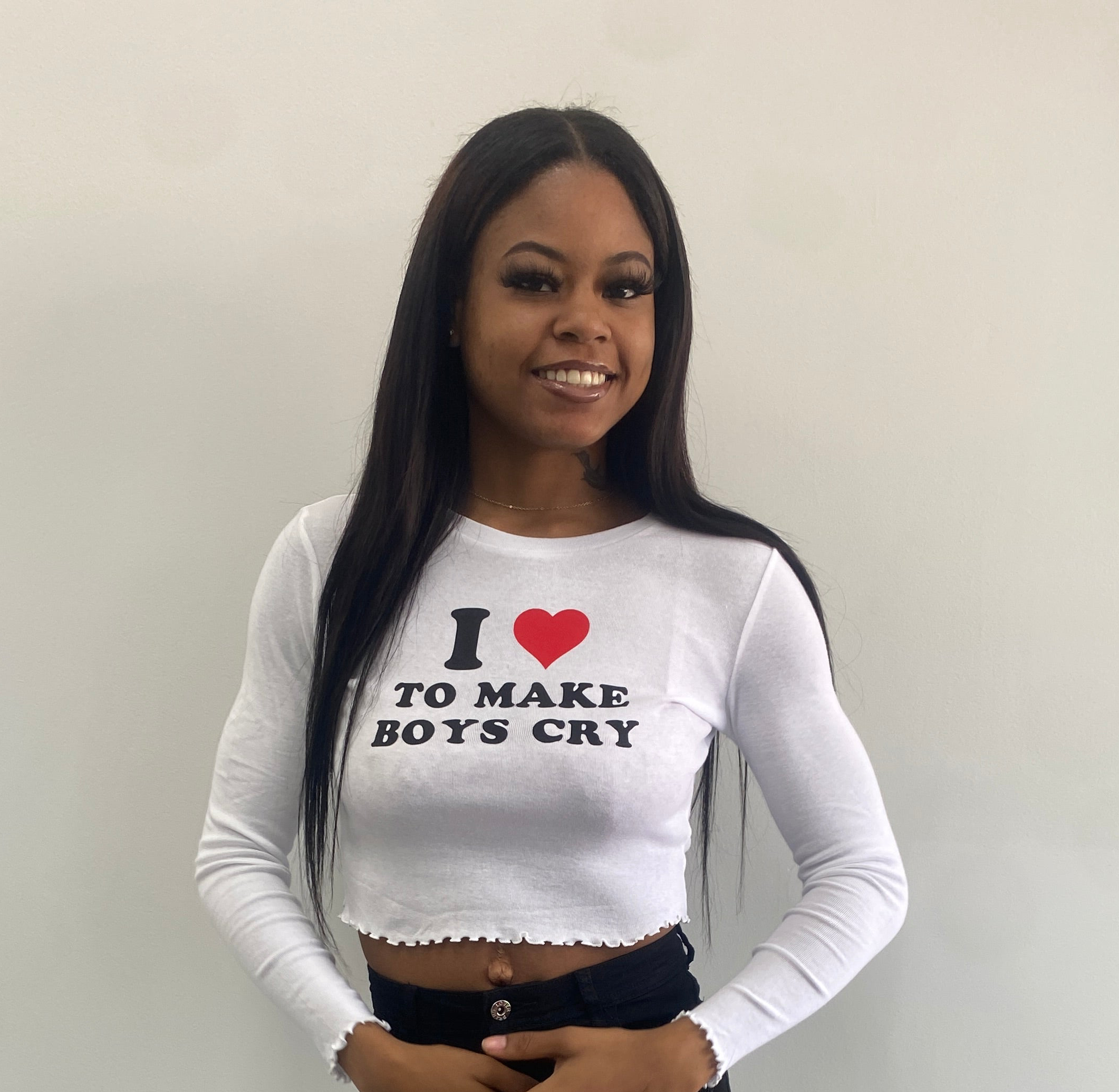 I Love To Make Boys Cry Long Sleeve Crop Top - Graphic Statement Tee