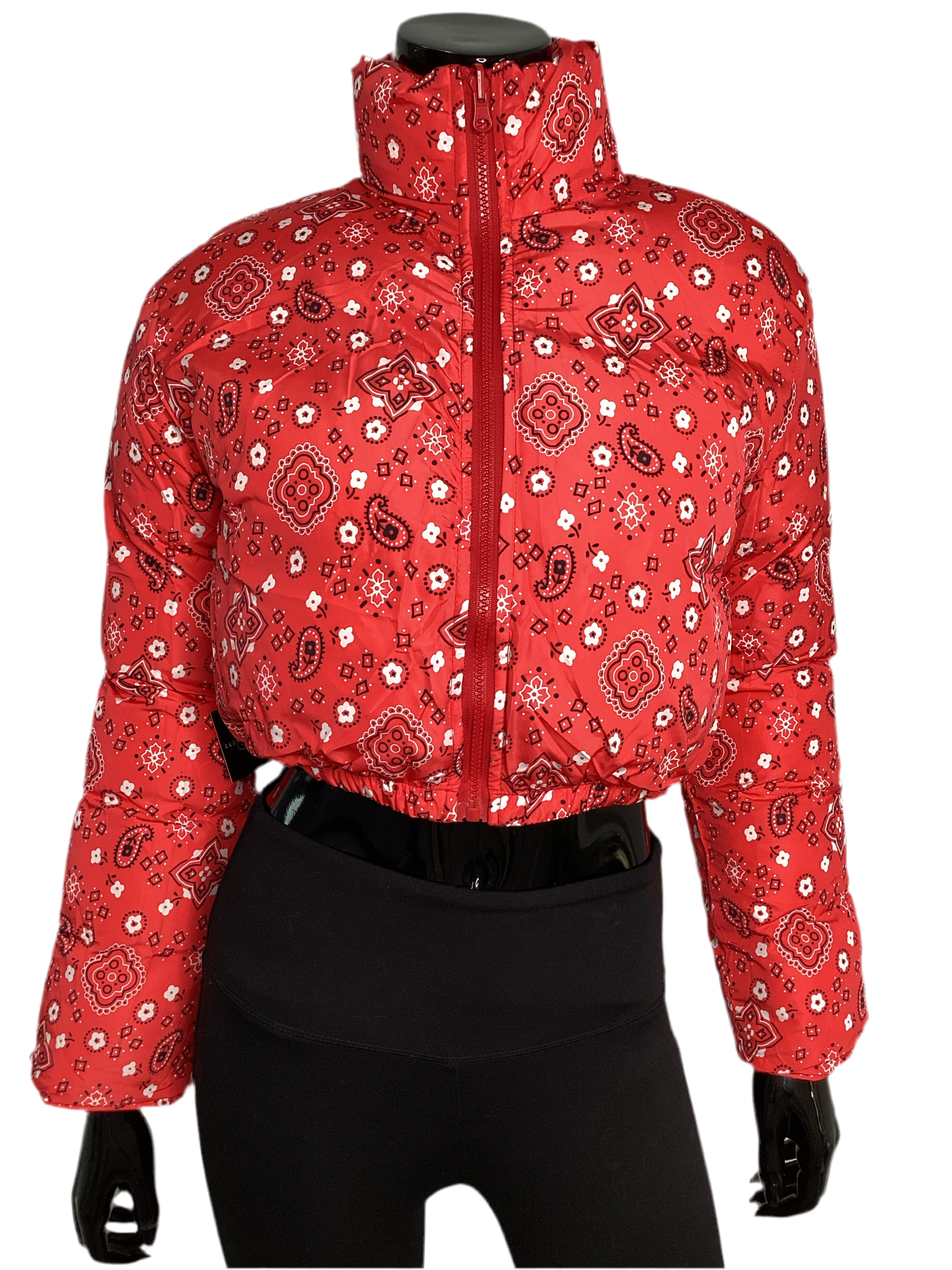 Reversible Cropped Puffer Jacket With Paisley Glossy Design