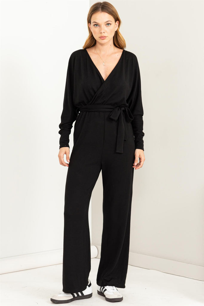 Tie Waist Long Sleeve Jumpsuit - Closet Space