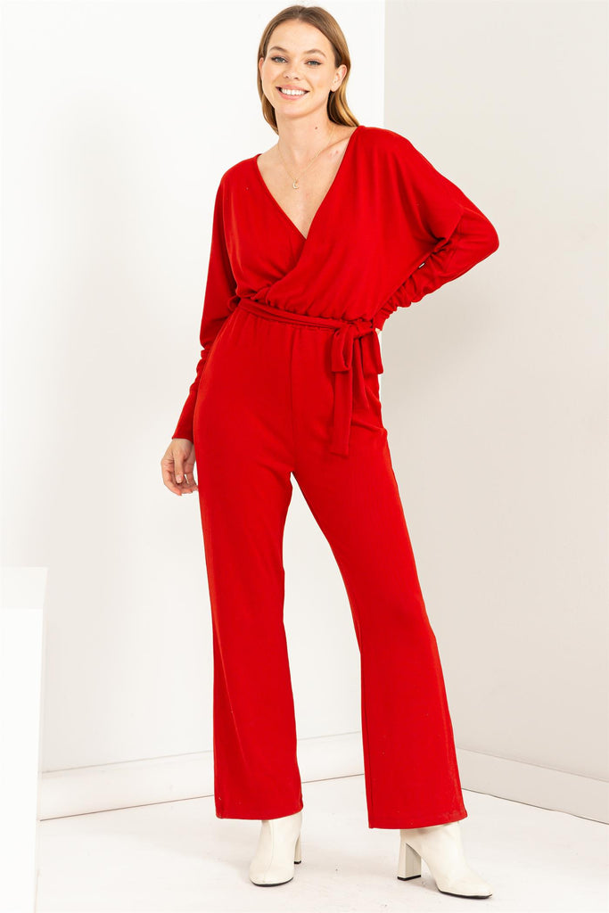 Tie Waist Long Sleeve Jumpsuit - Closet Space