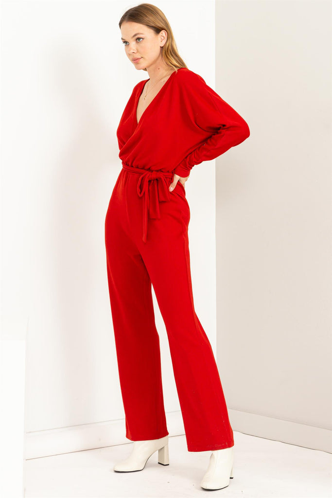 Tie Waist Long Sleeve Jumpsuit - Closet Space