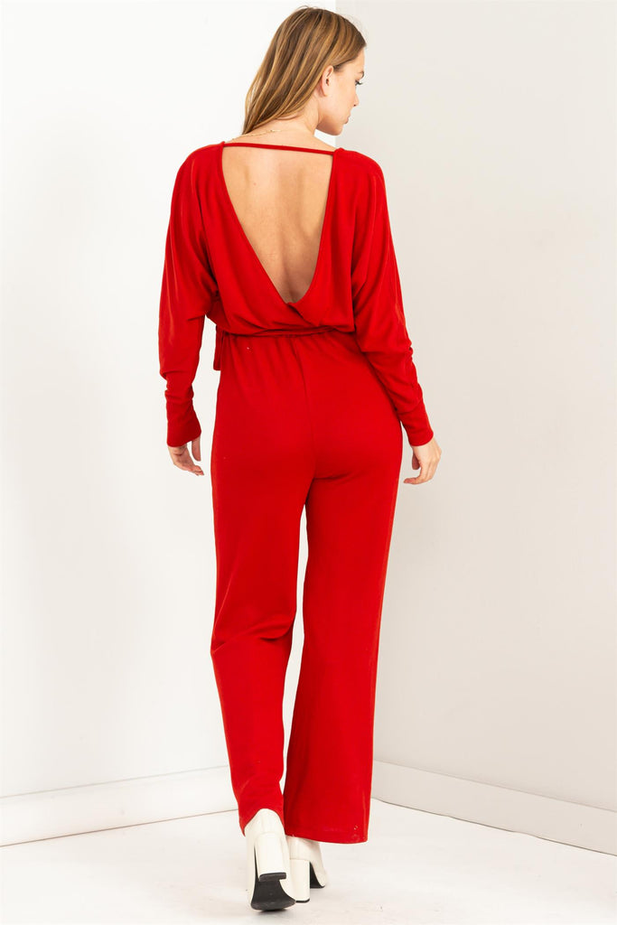 Tie Waist Long Sleeve Jumpsuit - Closet Space