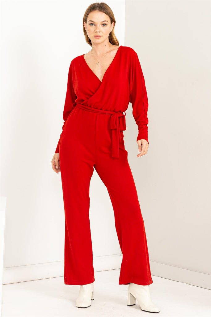 Tie Waist Long Sleeve Jumpsuit - Closet Space