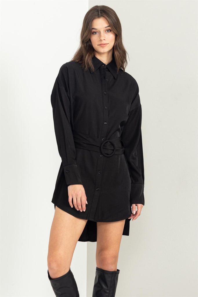 High Low Button Down Belted Shirt Dress - Closet Space