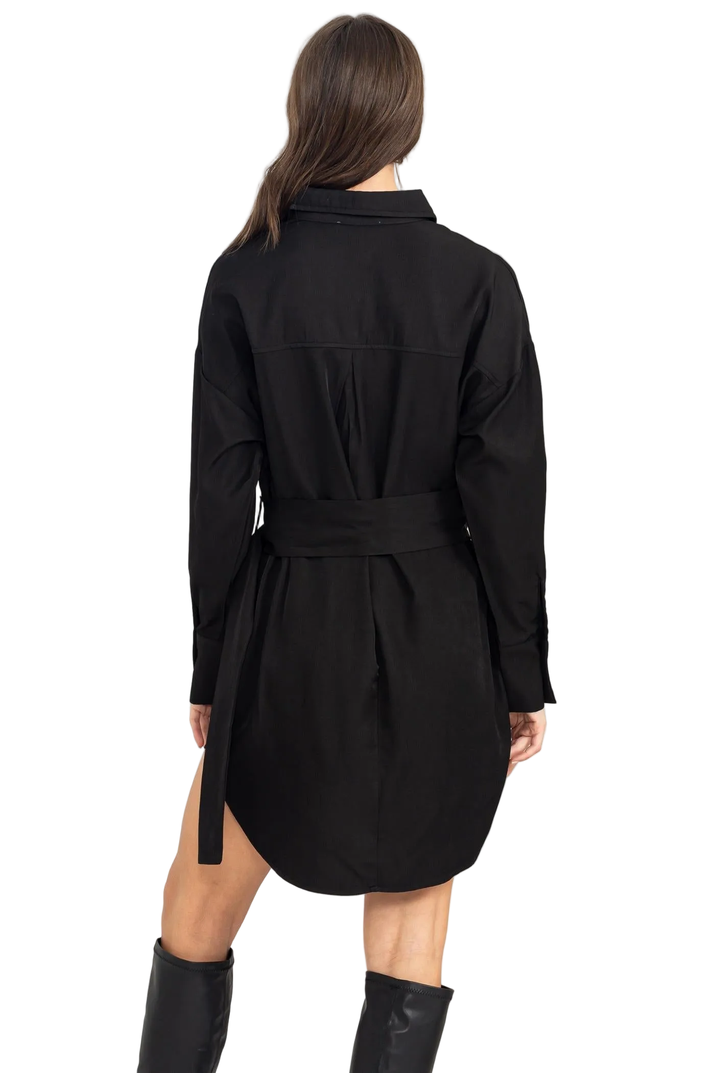 High Low Button Down Belted Shirt Dress