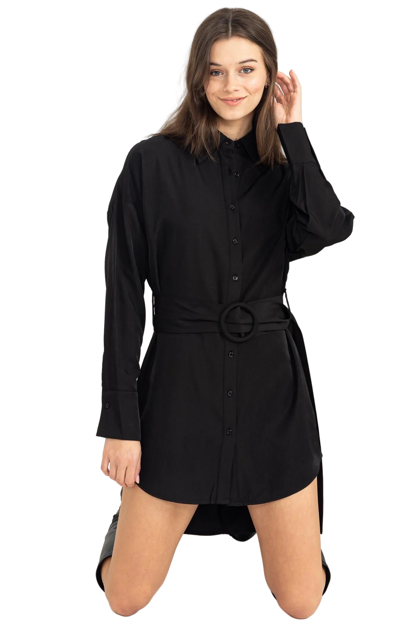 High Low Button Down Belted Shirt Dress