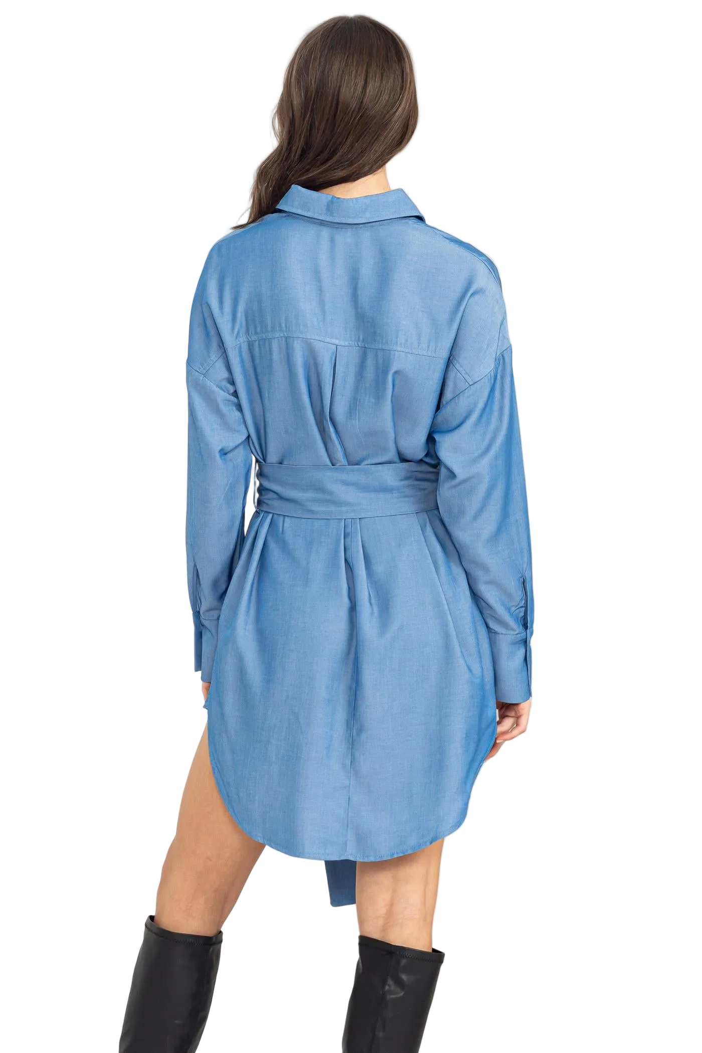 High Low Button Down Belted Shirt Dress