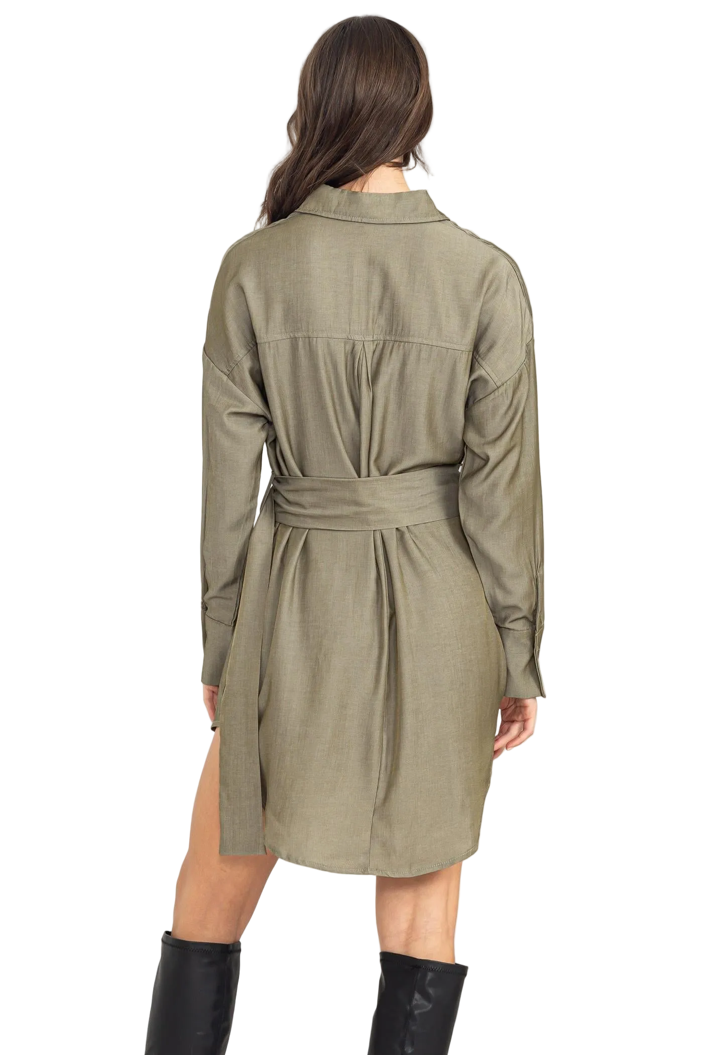High Low Button Down Belted Shirt Dress