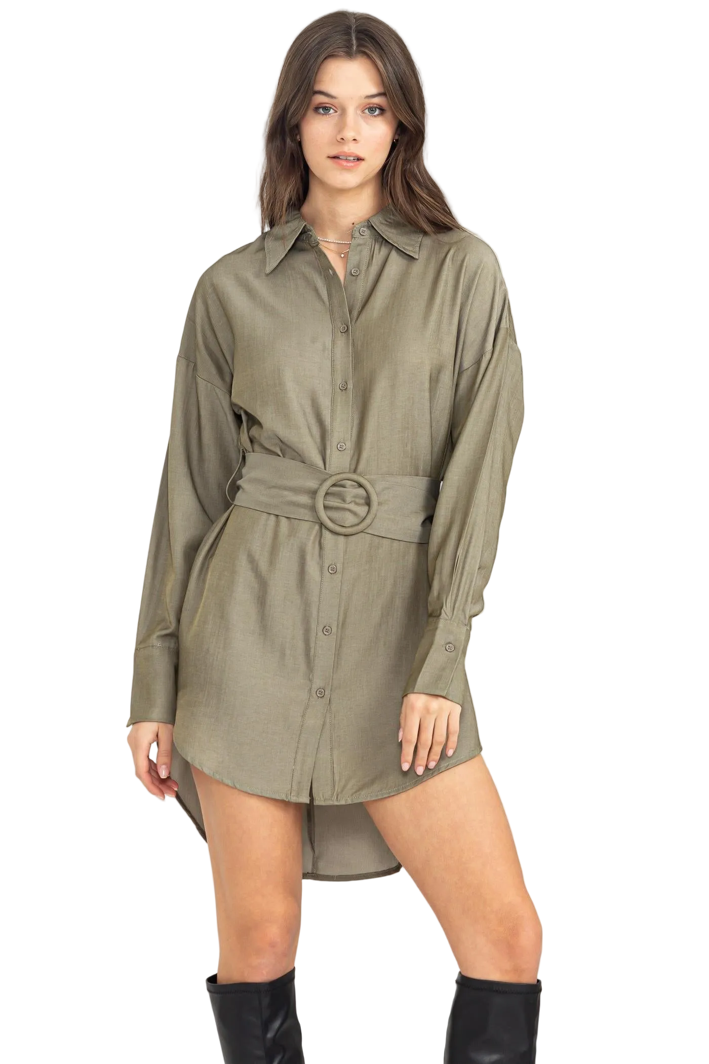 High Low Button Down Belted Shirt Dress