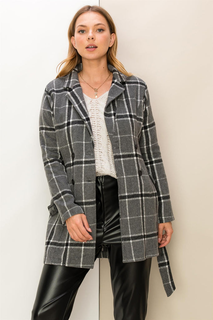 Double Breasted Plaid Coat With Belt - Closet Space