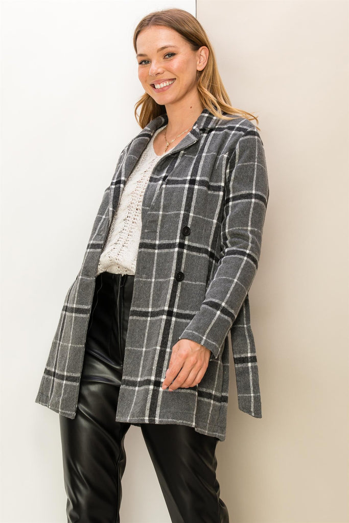 Double Breasted Plaid Coat With Belt - Closet Space