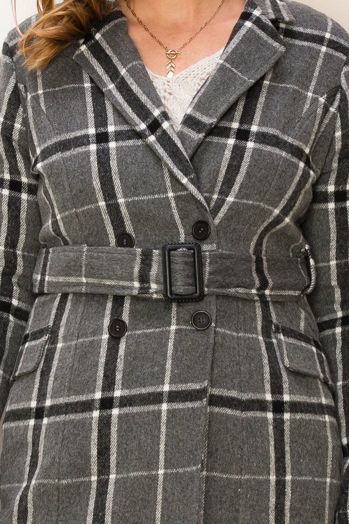 Double Breasted Plaid Coat With Belt - Closet Space