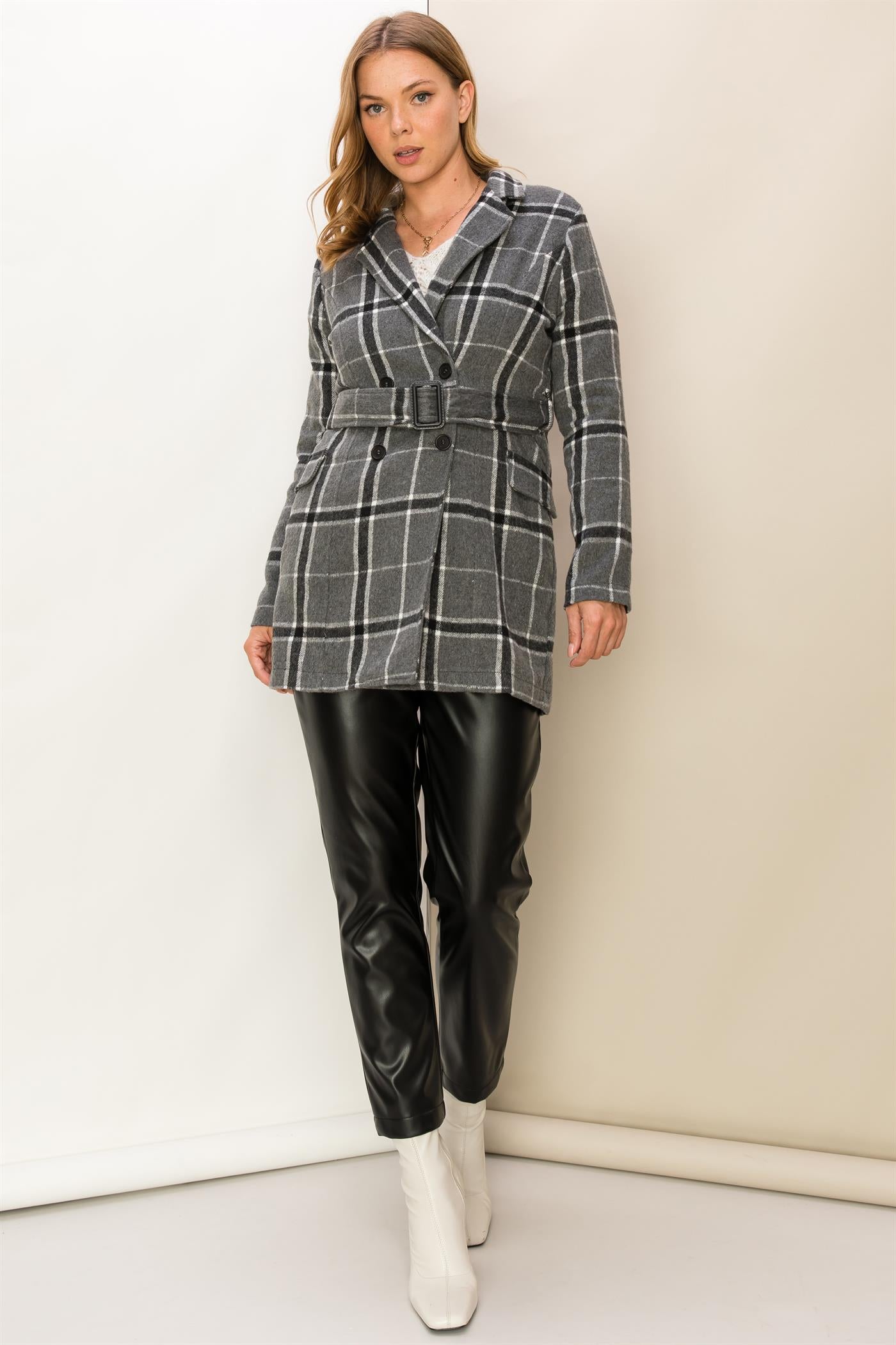 Double Breasted Plaid Coat With Belt - Closet Space