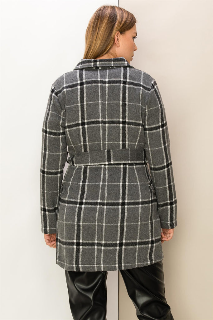 Double Breasted Plaid Coat With Belt - Closet Space