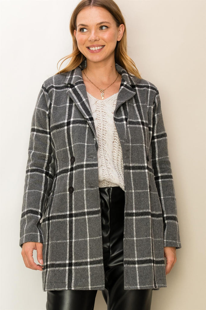 Double Breasted Plaid Coat With Belt - Closet Space