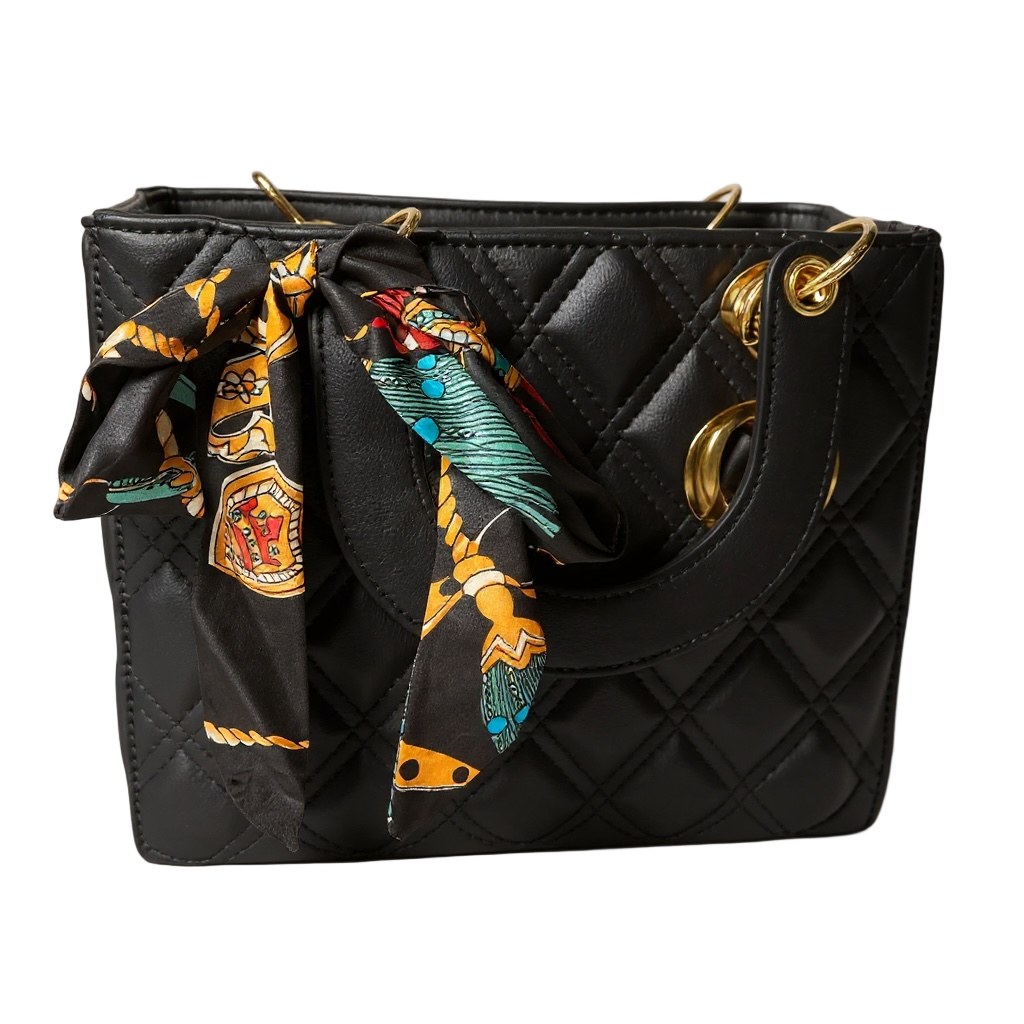 Quilted Top Handle Mini Tote Bag With Scarf Accent