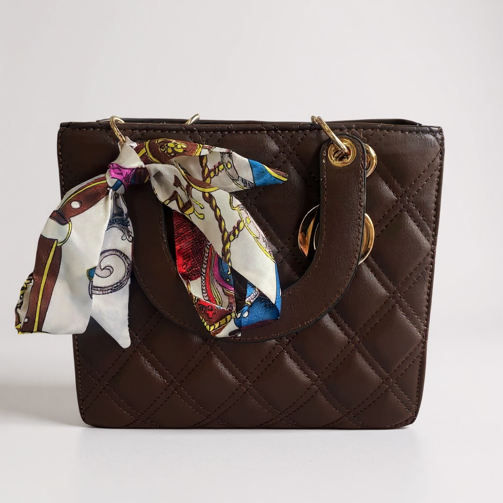 Quilted mini tote bag with printed scarf handle and gold hardware in brown faux leather