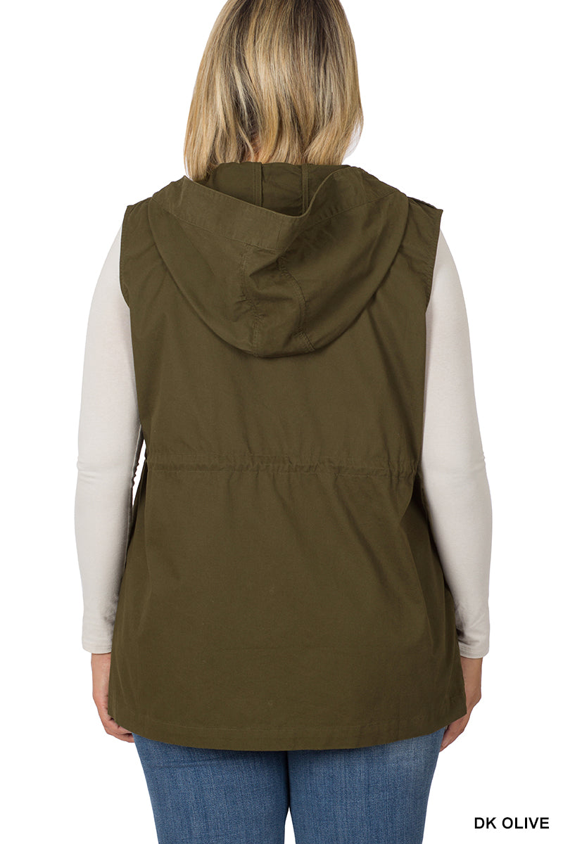 CURVY -Military Hooded Vest With Drawstring Waist