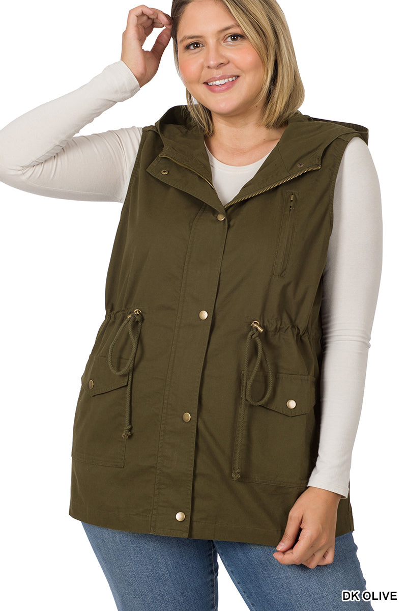 CURVY -Military Hooded Vest With Drawstring Waist