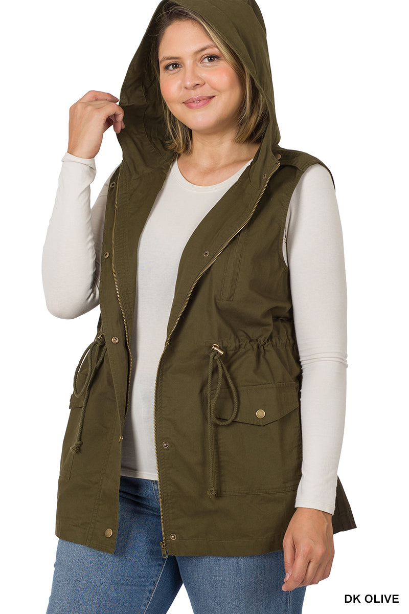 CURVY -Military Hooded Vest With Drawstring Waist