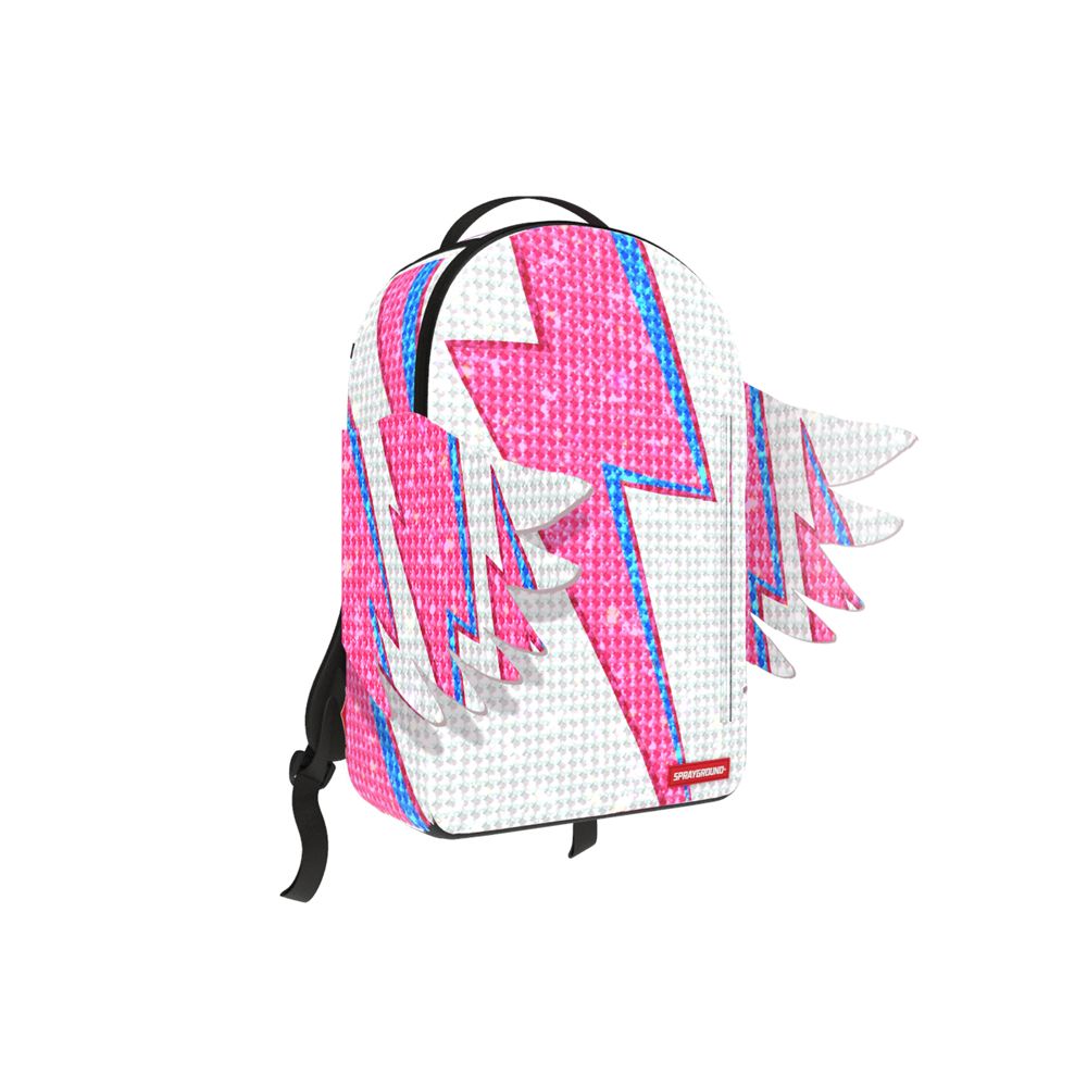 Backpack with pink and blue lightning bolt pattern on a white background