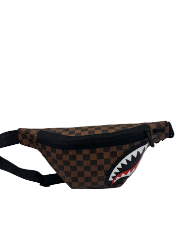 Checkered pattern fanny pack with a shark mouth design on a white background
