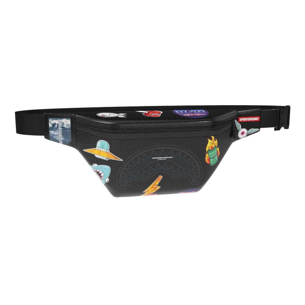 Black waist bag with colorful designs on a white background