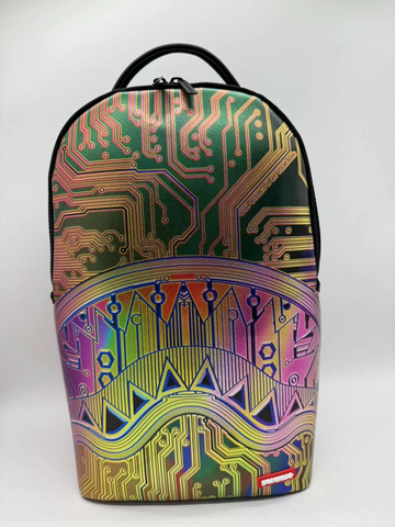 Backpack with a colorful circuit board design on a white background