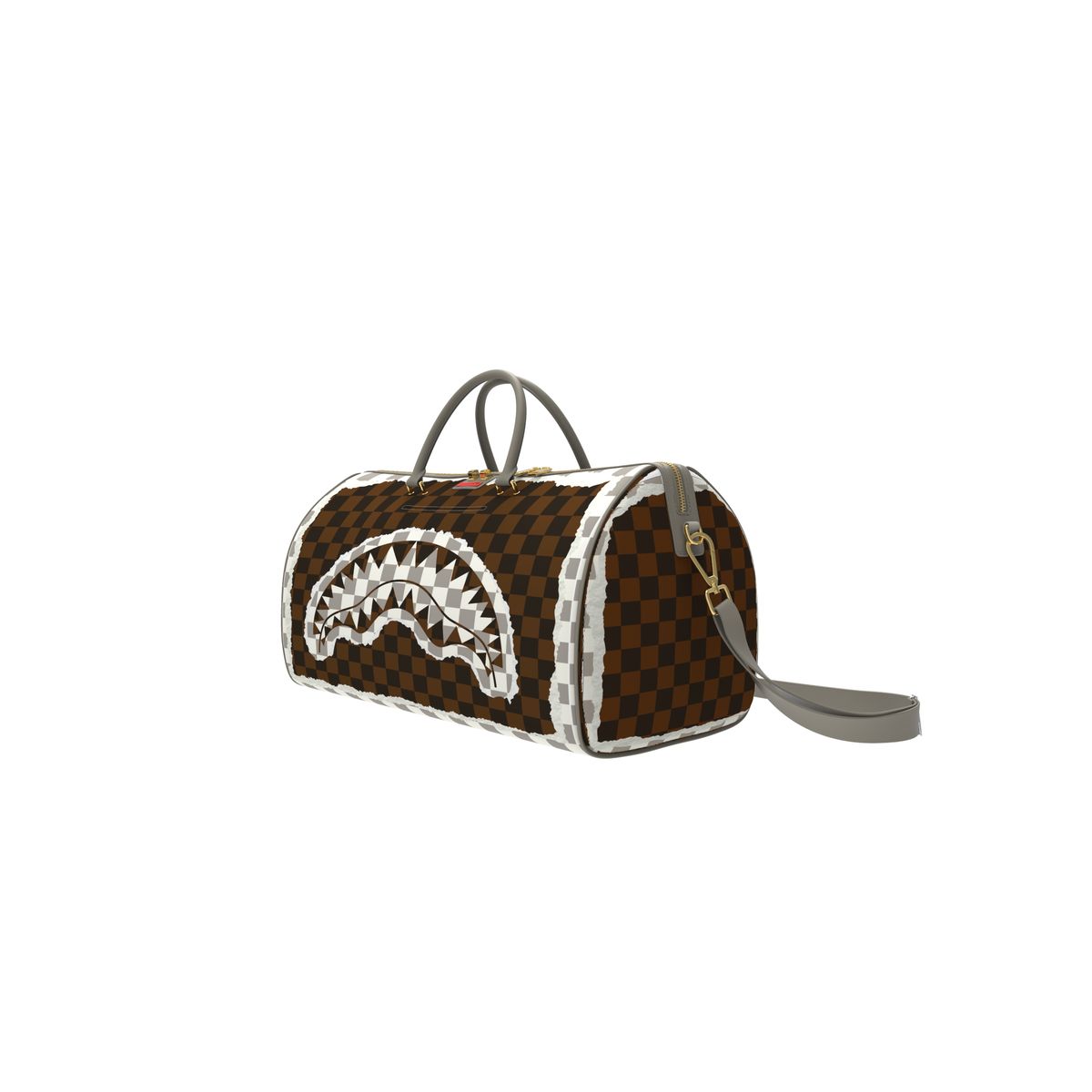 Checkered patterned bag with shark mouth design on a white background
