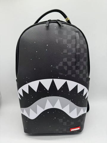Black backpack with shark mouth design on a white background