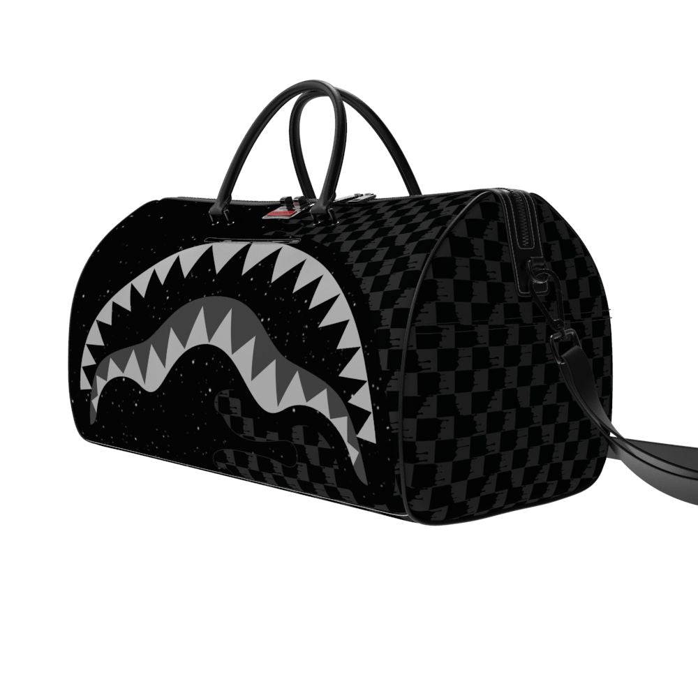 Black checkered duffel bag with shark mouth design on a white background