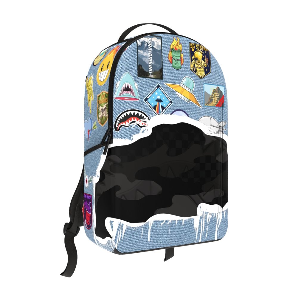 Backpack with colorful patches on a white background
