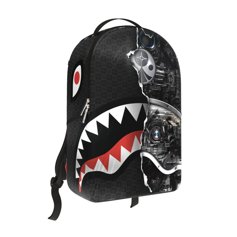 Backpack with shark mouth design on a white background