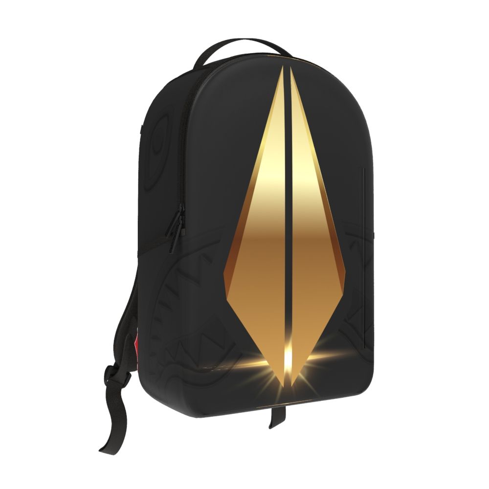 Black backpack with a gold geometric design on a white background