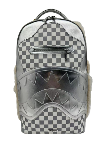 Gray and white checkered backpack with geometric patterns on a light gray background